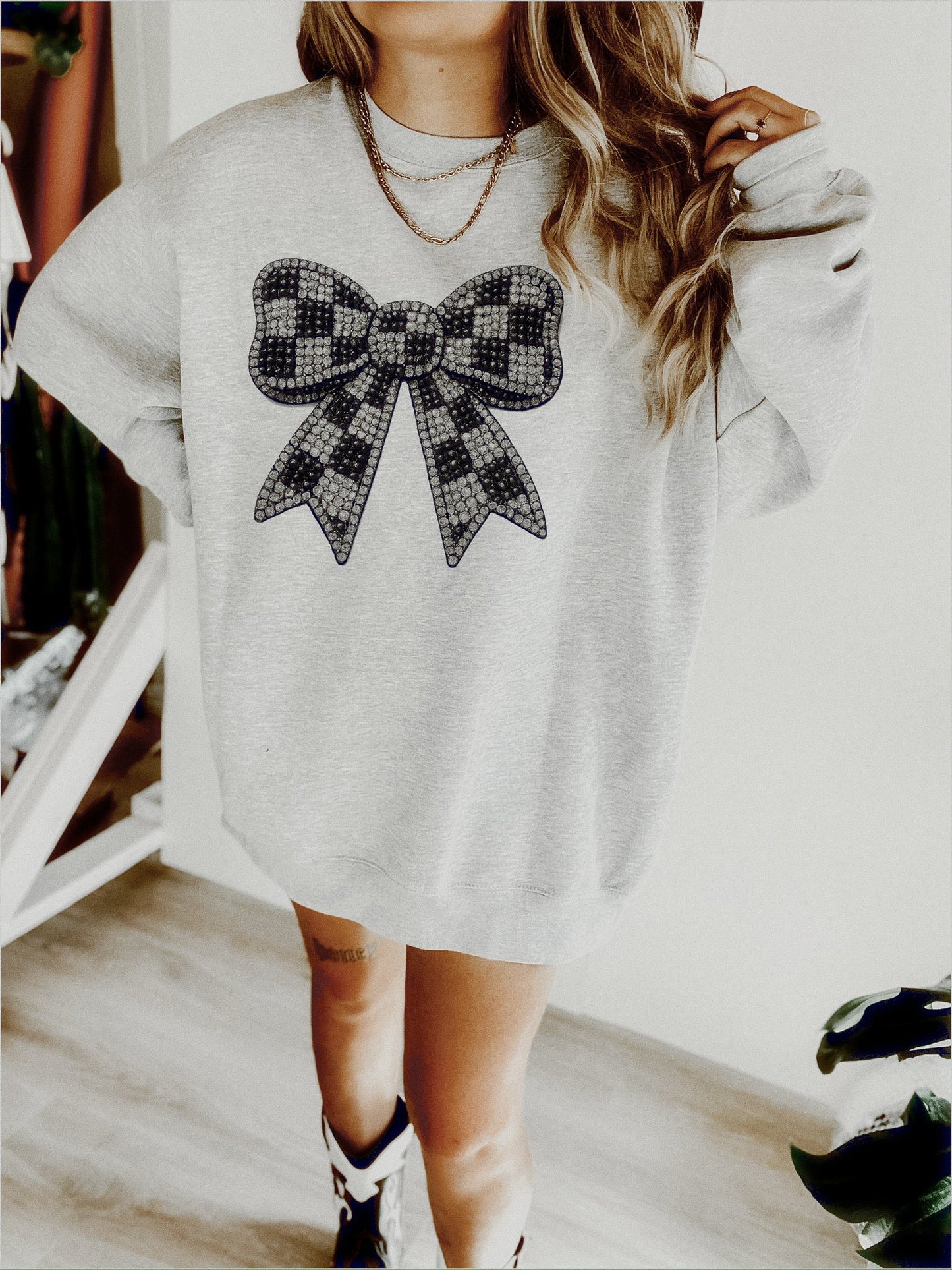 BEDAZZLED CHECKERED BOW