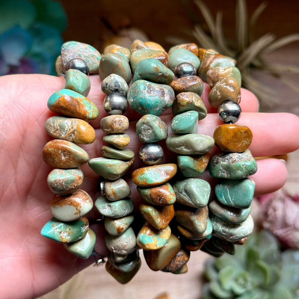 Green Turquoise Nugget Bracelet with Sterling Silver Pearls – 7” + Extender