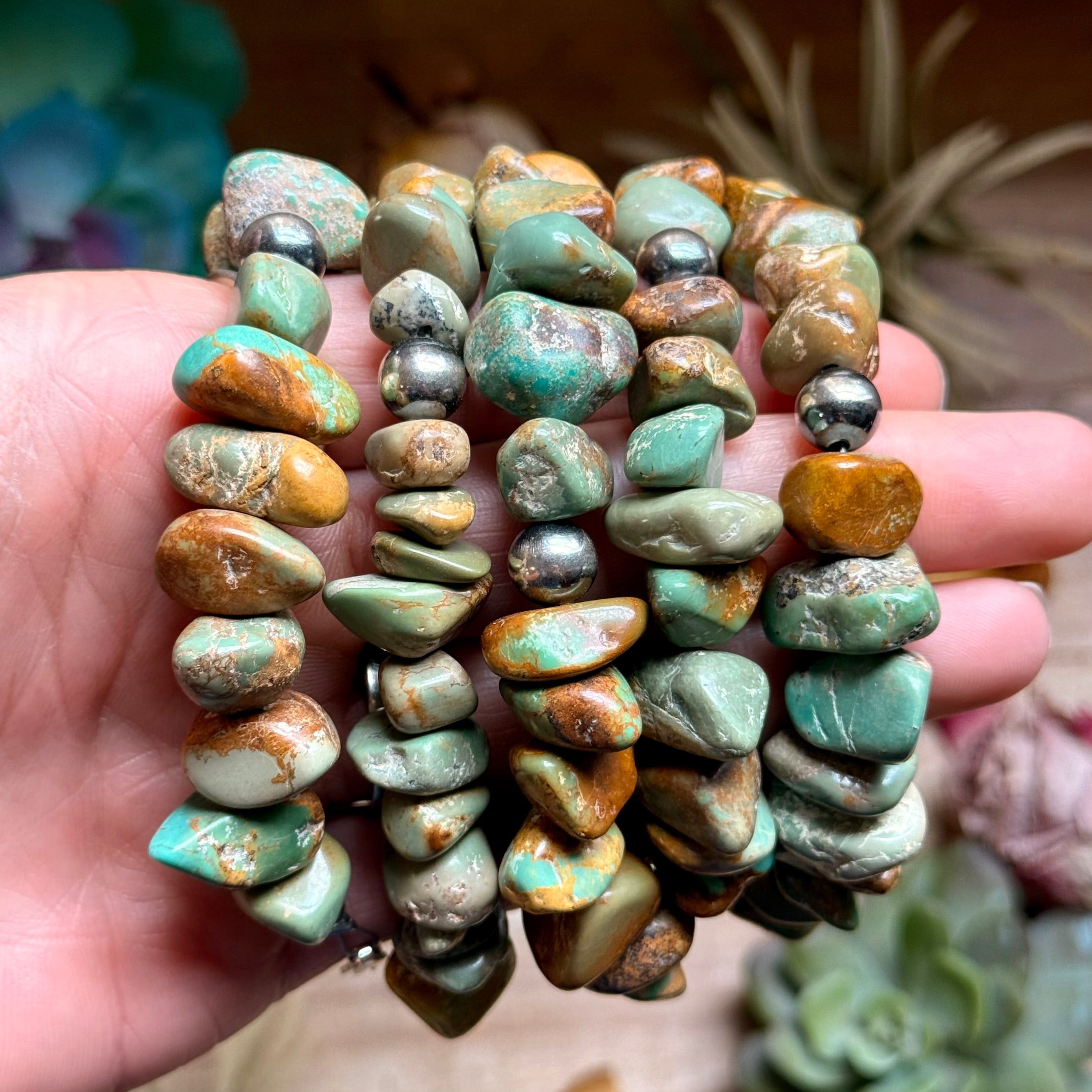 Green Turquoise Nugget Bracelet with Sterling Silver Pearls – 7” + Extender