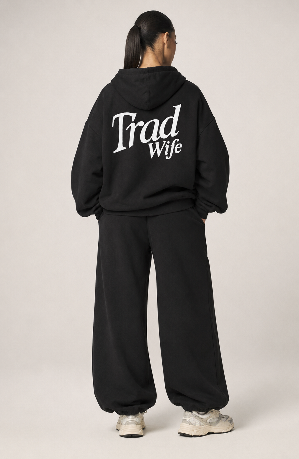 Trad Wife Zip-Up Hoodie — Retro Script "Trad Wife" Back Graphic