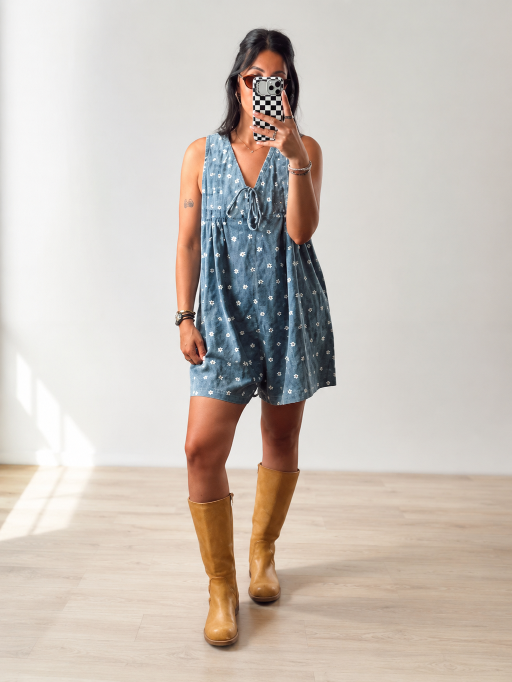 Sky Blue Polka Dot Print Tie V Neck Pleated Loose Denim Romper