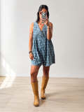 Sky Blue Polka Dot Print Tie V Neck Pleated Loose Denim Romper
