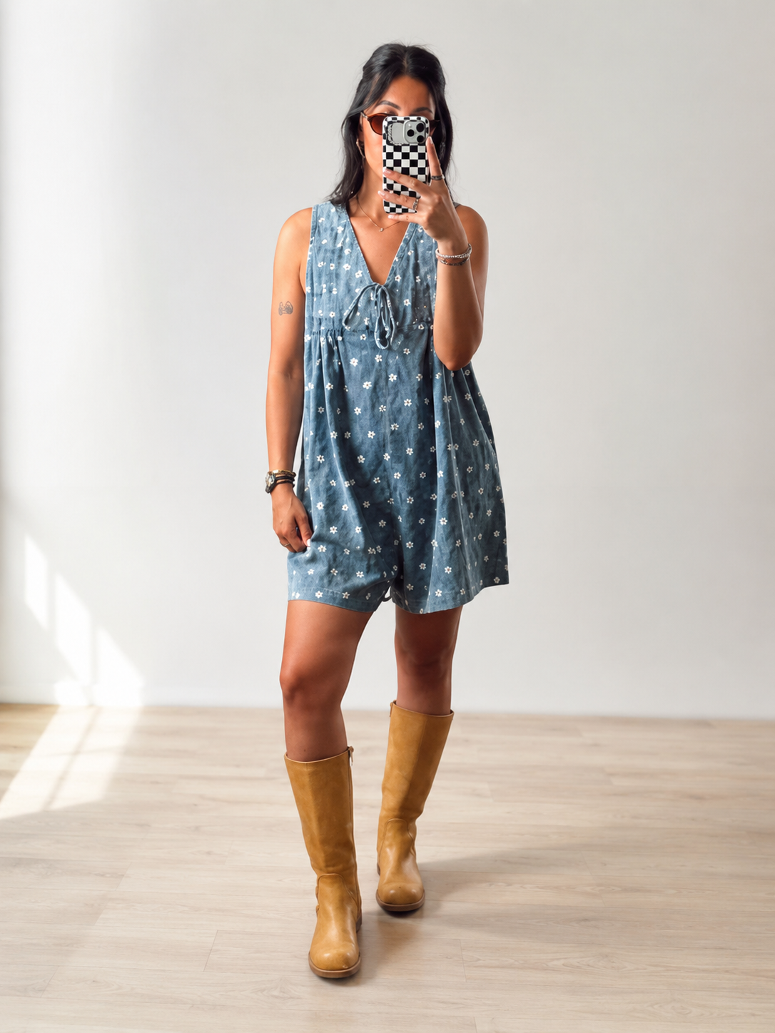 Sky Blue Polka Dot Print Tie V Neck Pleated Loose Denim Romper