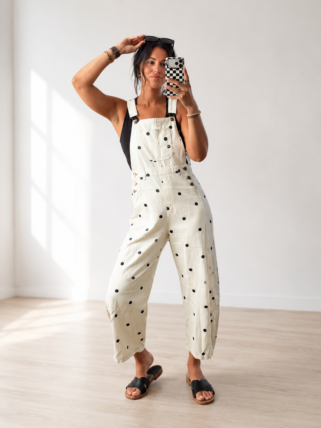 PREORDER OPEN - Jet Stream Polka Dot Print Bib Pocket Denim Barrel Overalls Jumpsuit