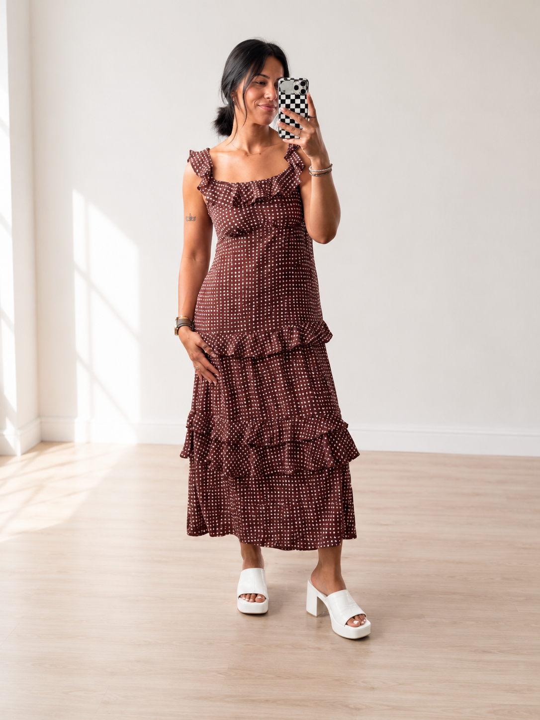 Coffee Polka Dot Print Backless Ruffled Tiered Maxi Dress