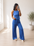 Blue Polka Dot Print Slim Tank Loose Pants 2 Piece Set