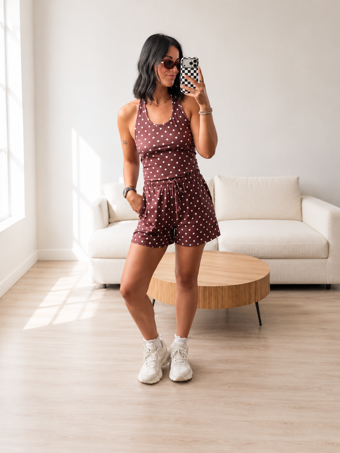 Brown Polka Dot Halter Tank Drawstring Elastic Waist Short Set