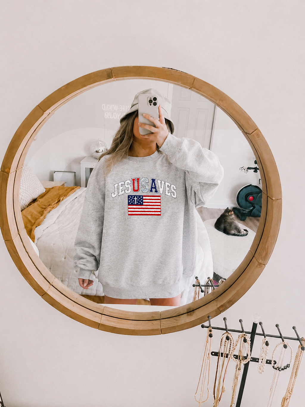 Crewneck Sweatshirt - 'USA Waves' Distressed American Flag Design