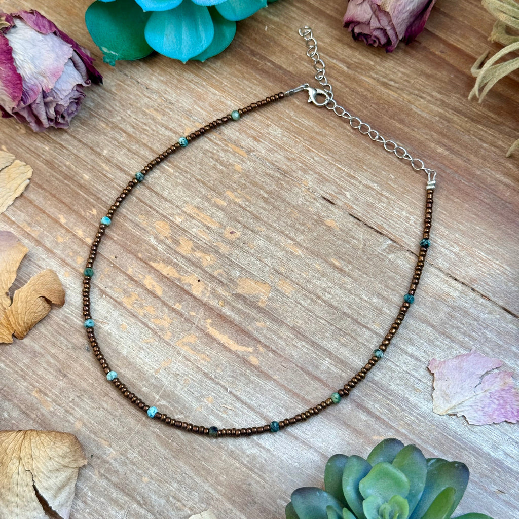 Turquoise & Copper Glass Bead Choker 14”