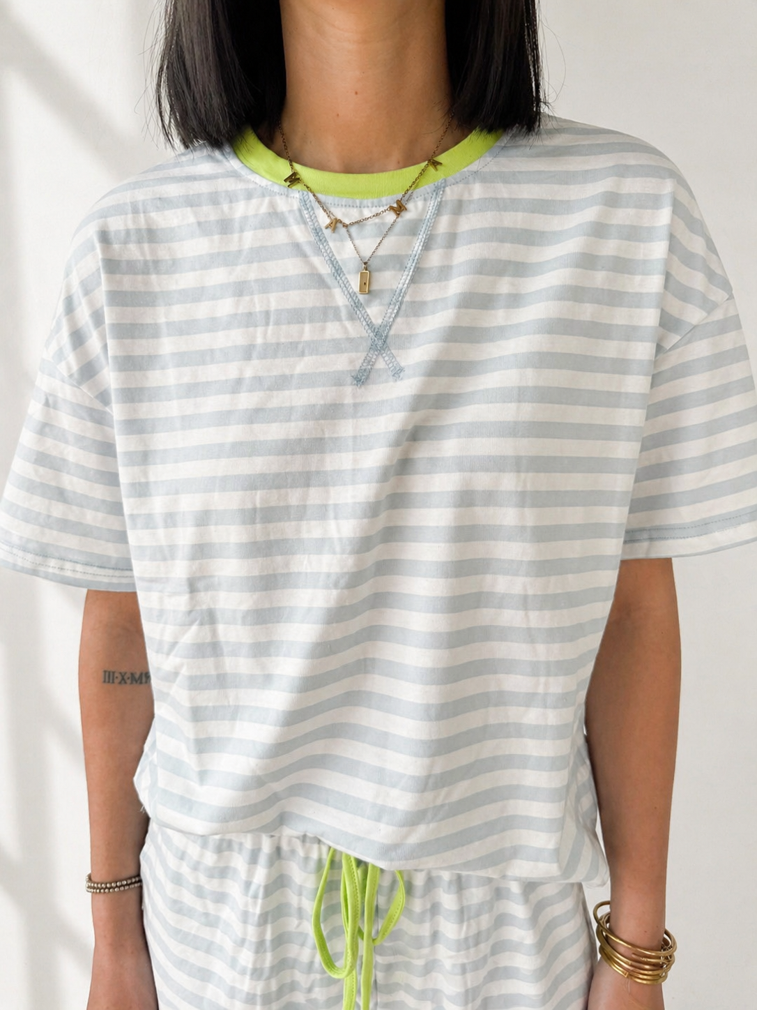 Sky Blue Striped Contrast Top and Shorts Set