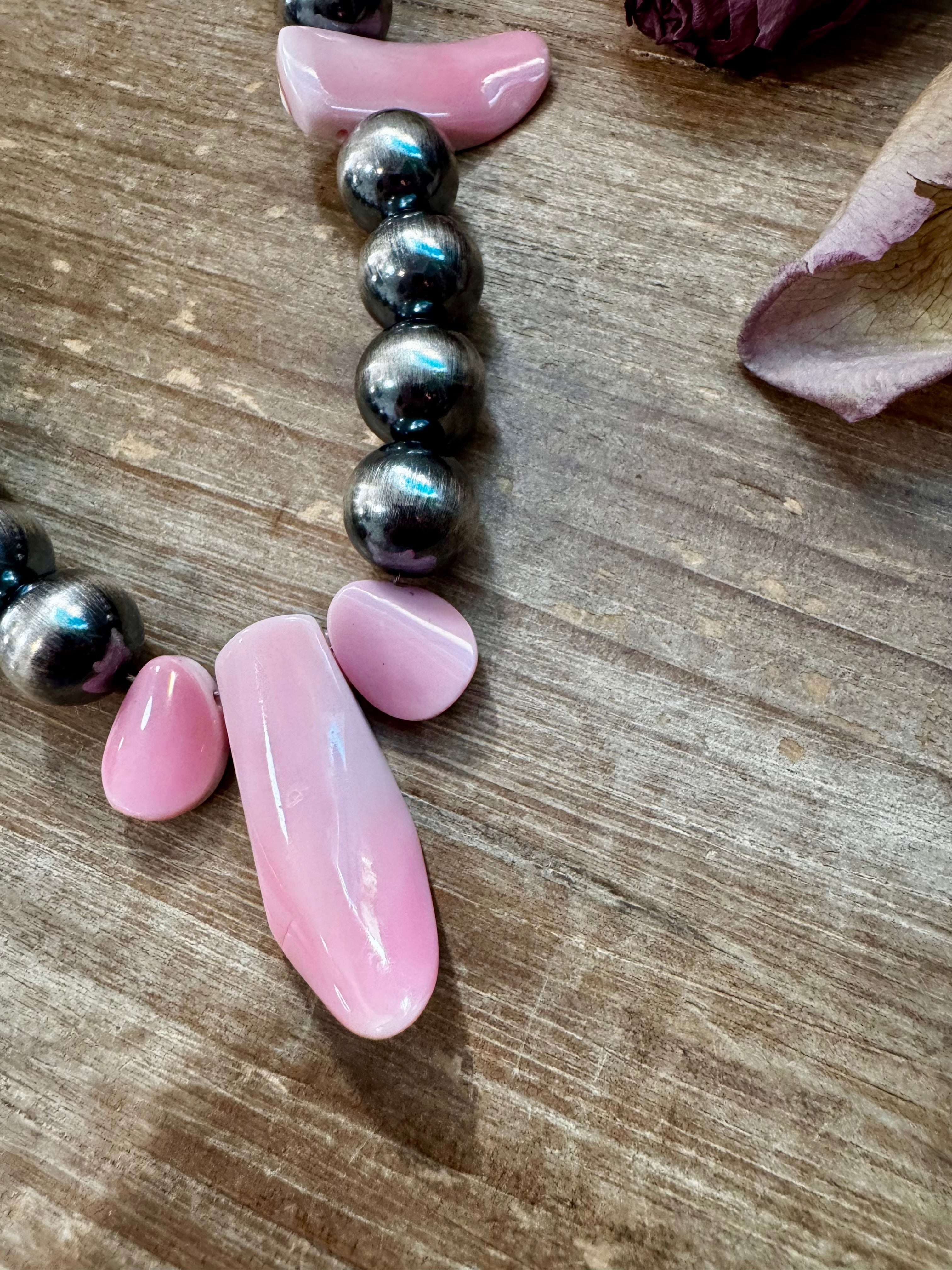 NFR Collection Necklace – 8mm & 14mm Sterling Silver Pearls with Pink Conch Shell – 23"