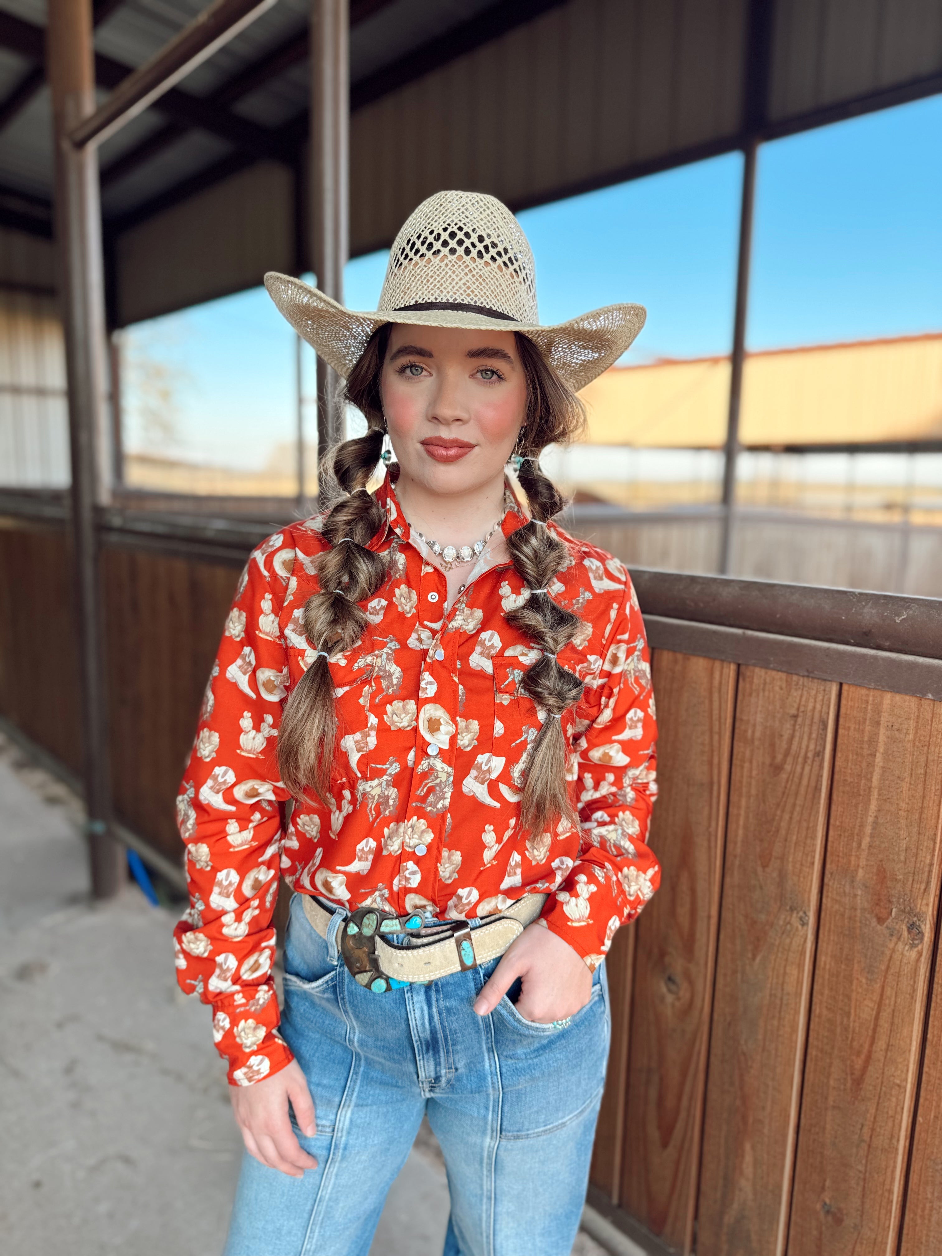 The Red Cactus Pearl Snap Top