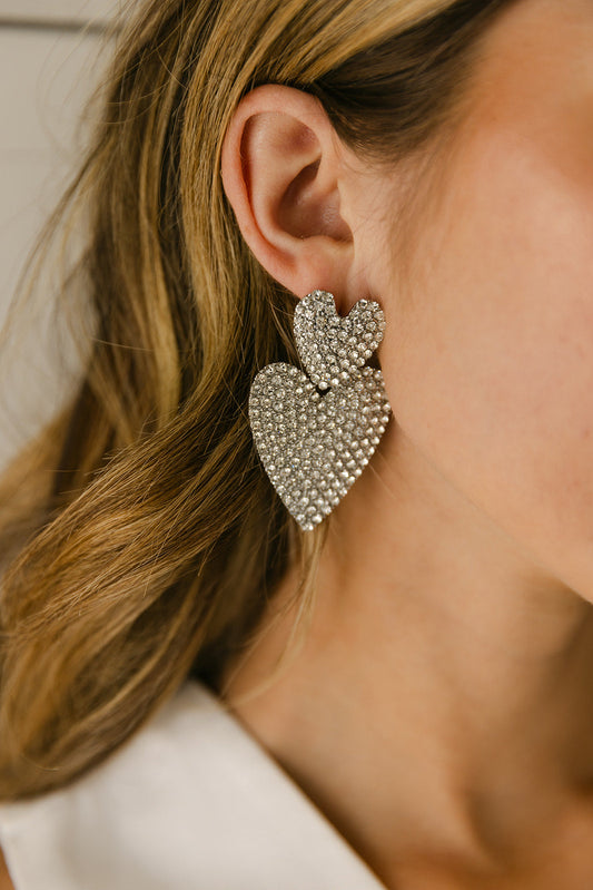 The Moxie Rhinestone Heart Earrings in Silver