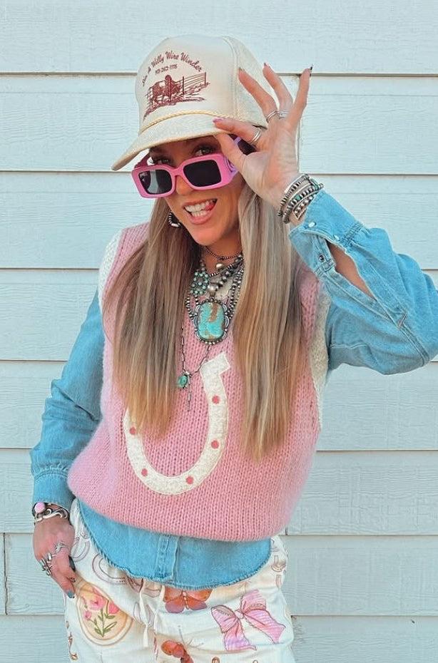 The Woven Horseshoe Sweater Vest in Pink