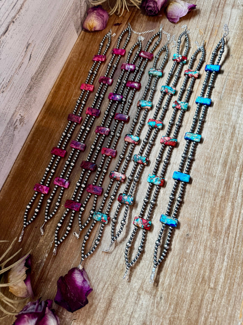 Pink/blue Double Strand Necklace – 13” Beaded – Sterling Silver Pearls & Rectangle Variscite