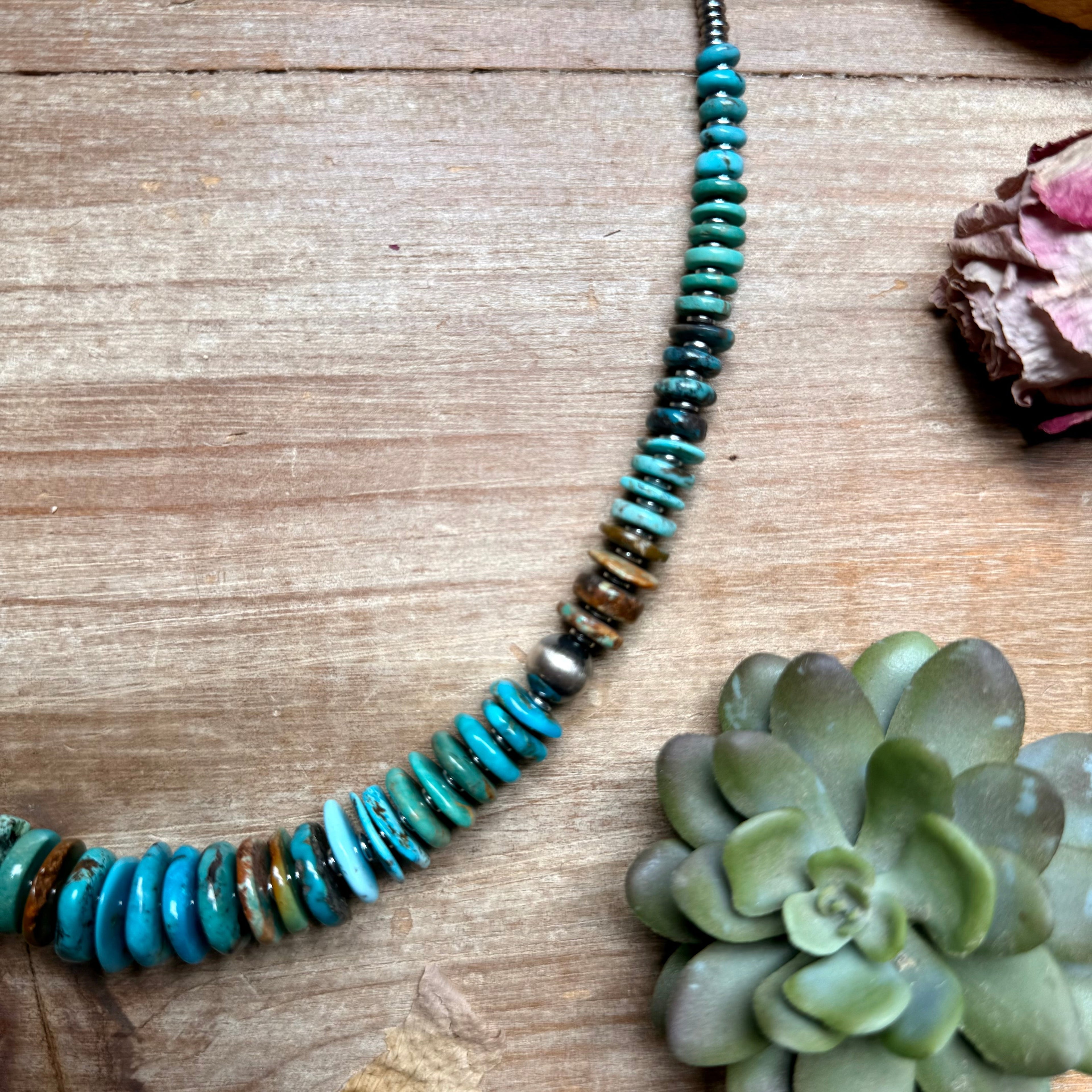 Tri-Color Turquoise Graduated Necklace with Hematite & Sterling Silver Accents – 23”