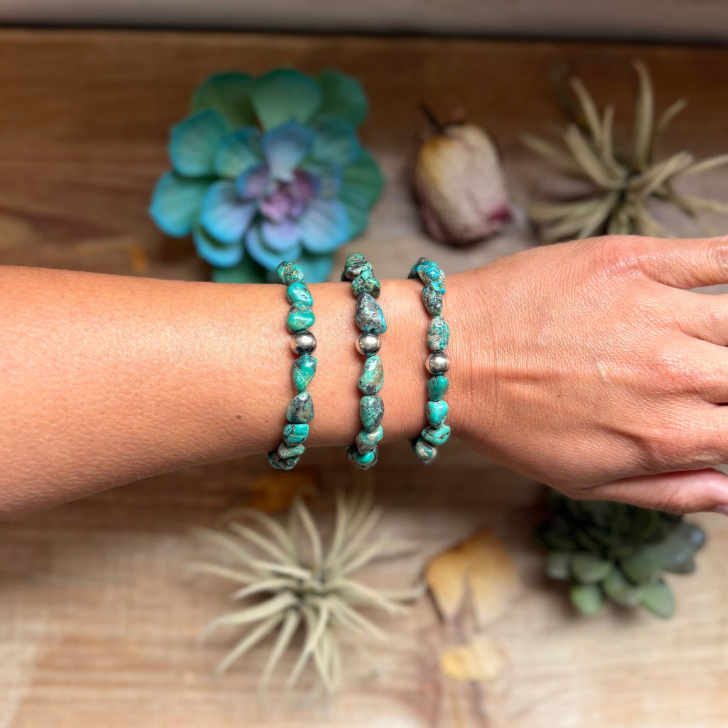 Turquoise Nugget Bracelet with Sterling Silver Pearls – 7” + Extender