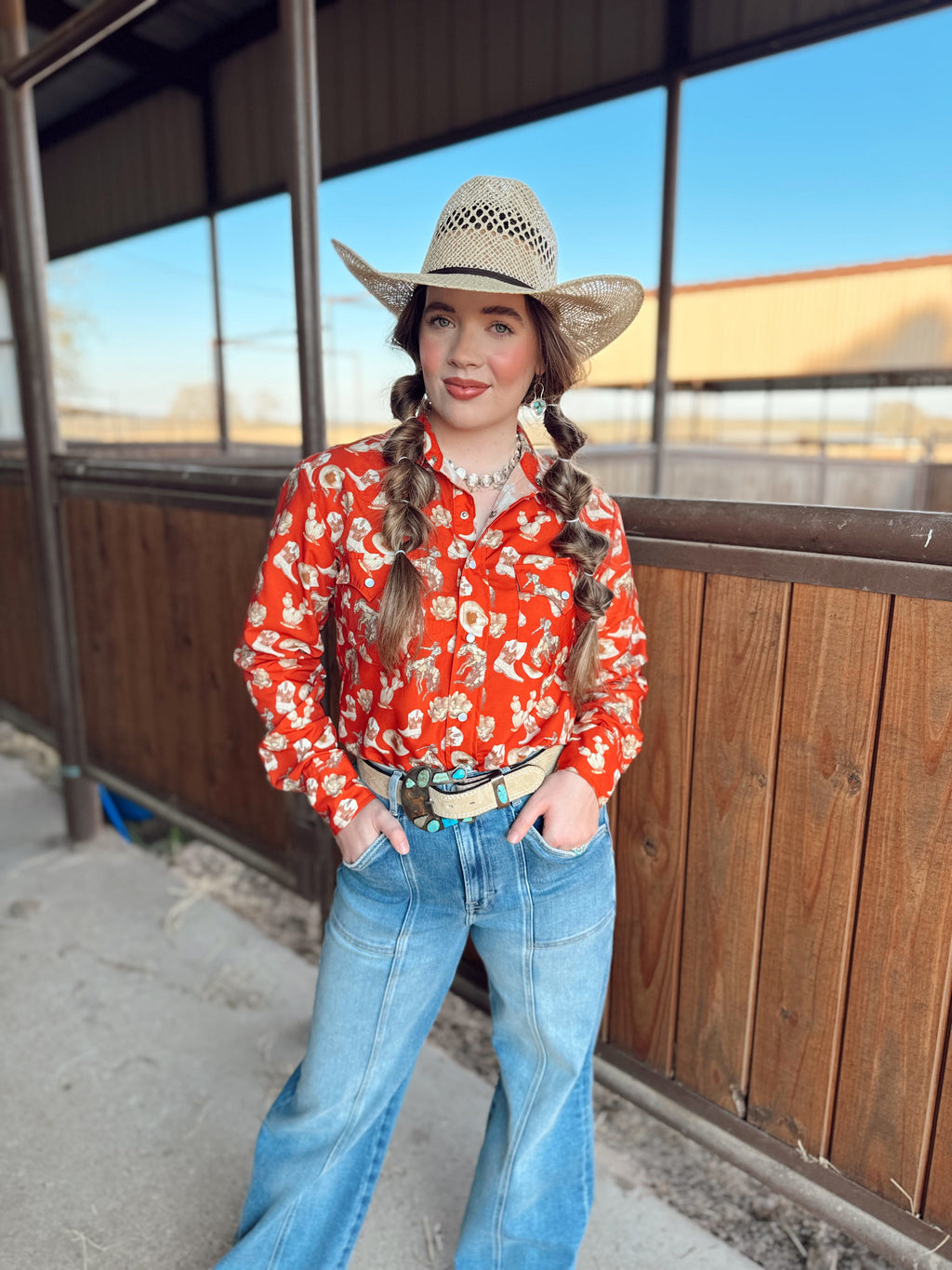 The Red Cactus Pearl Snap Top