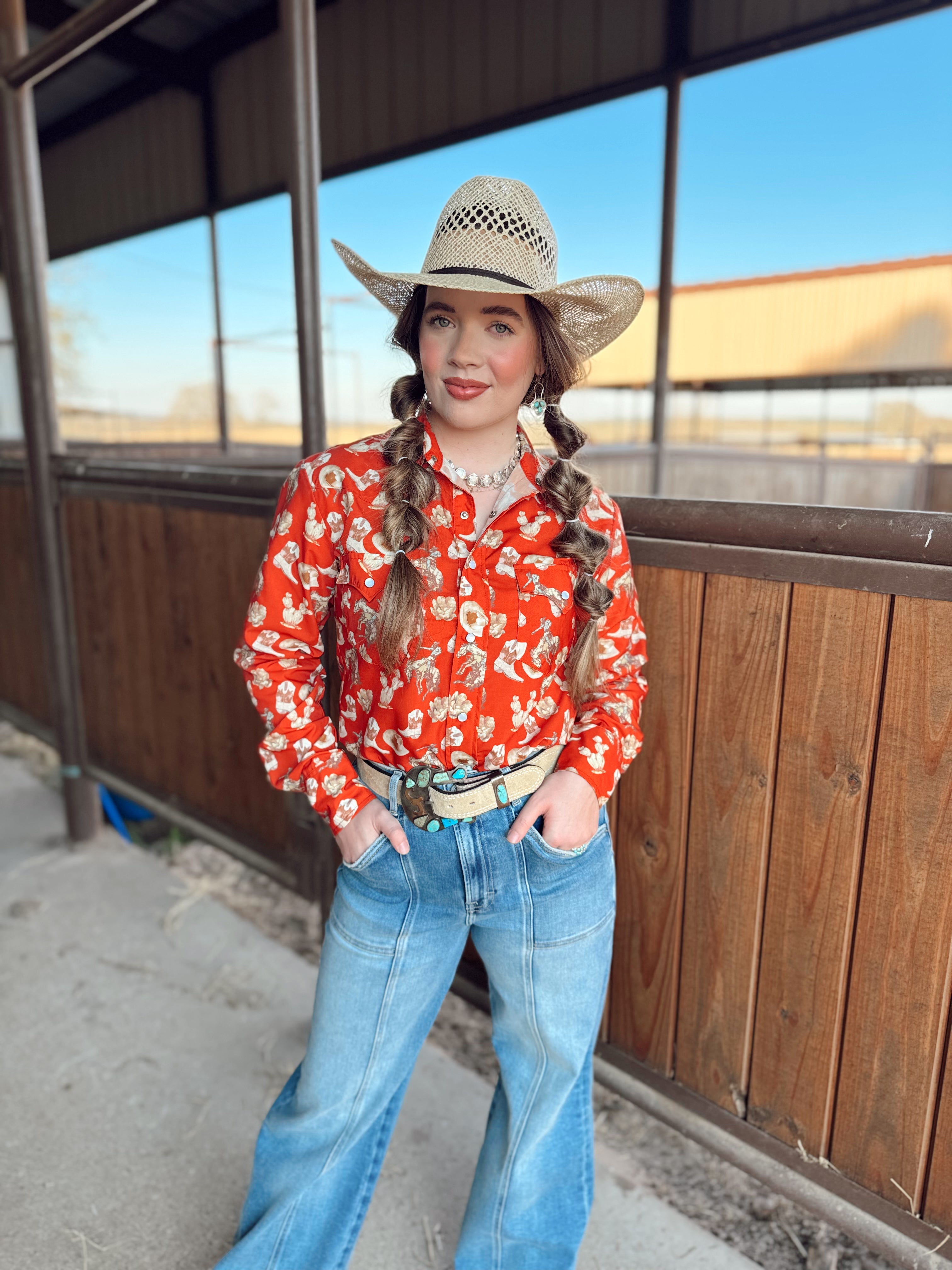 The Red Cactus Pearl Snap Top