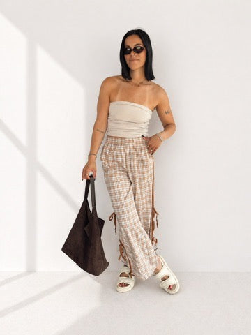 Chestnut Plaid Print Elastic Waist Bow Tie Joggers