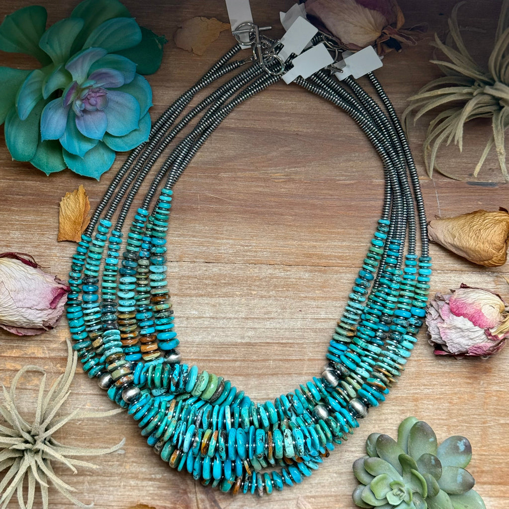 Tri-Color Turquoise Graduated Necklace with Hematite & Sterling Silver Accents – 23”
