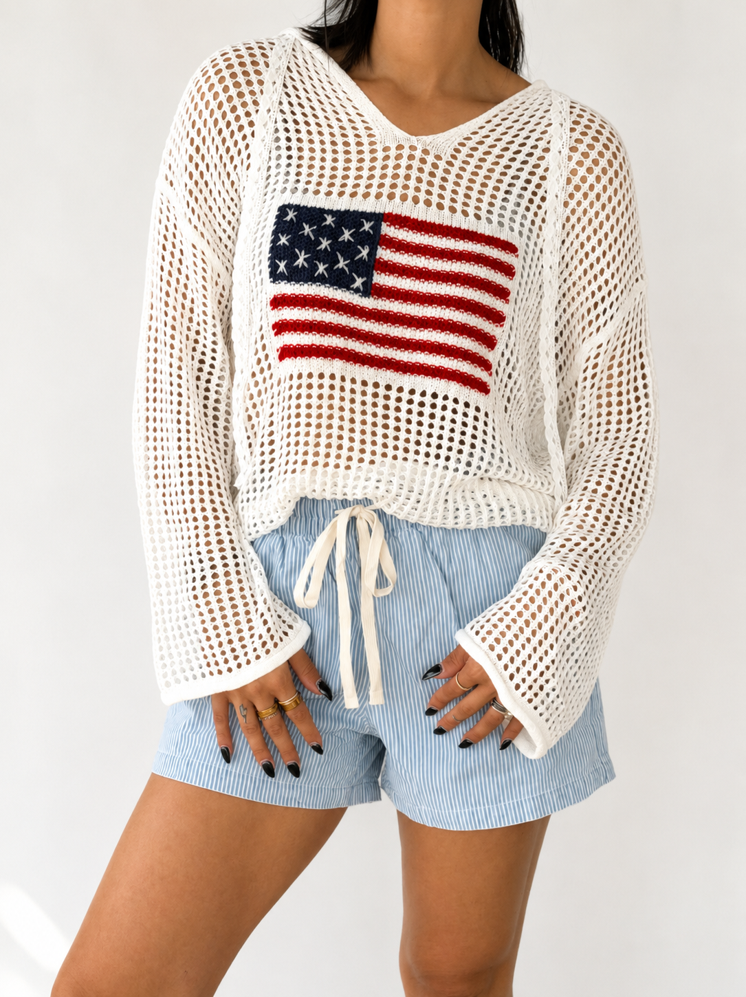 White Crochet Knit American Flag Patched Sweater Hoodie