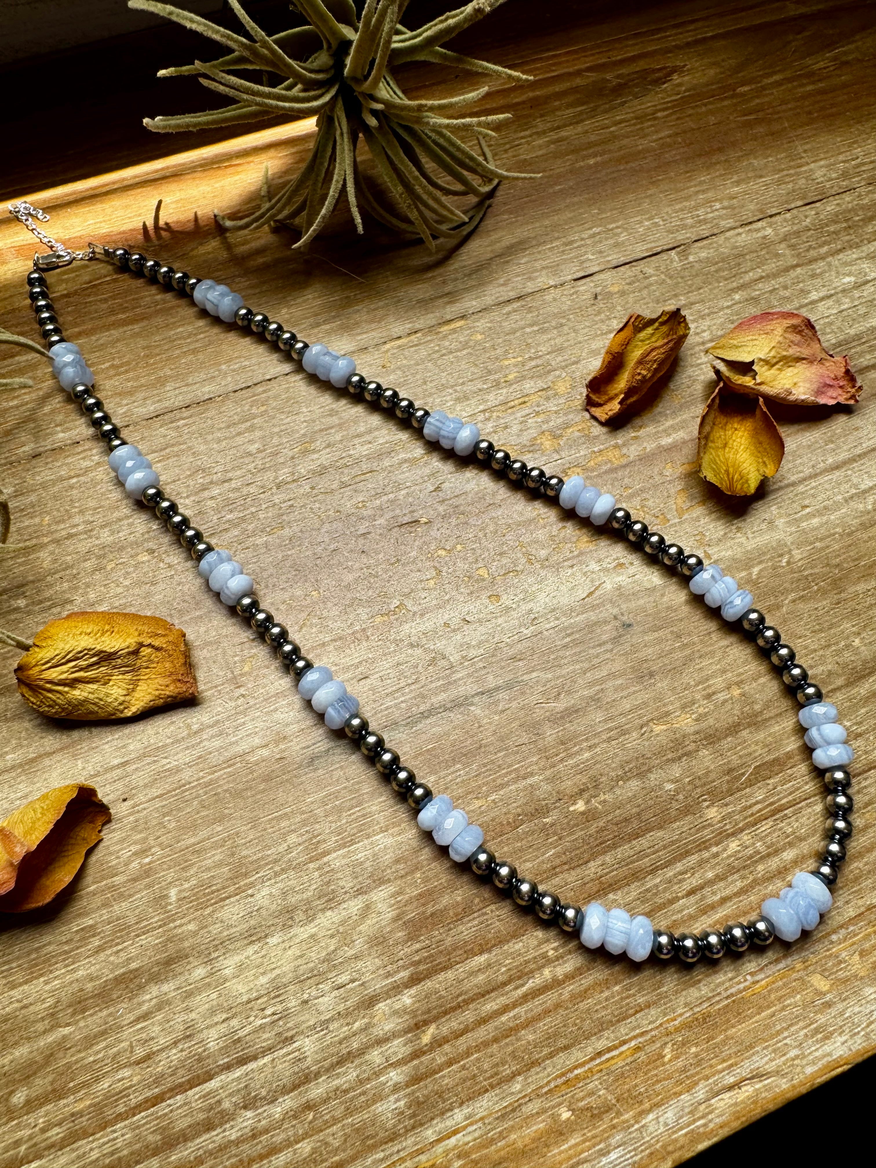 Blue Lace Agate & Sterling Silver Pearl Necklace – 20 ½” Plus Extender