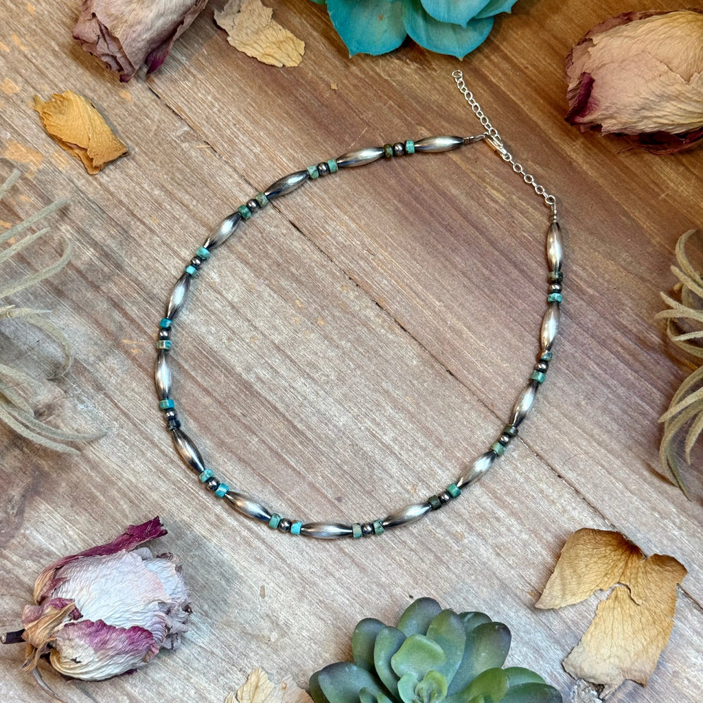 Blue-Green Turquoise Heishi & Sterling Silver Torpedo Choker