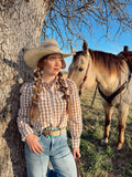 The Tan Gingham Pearl Snap Top- Extra Large