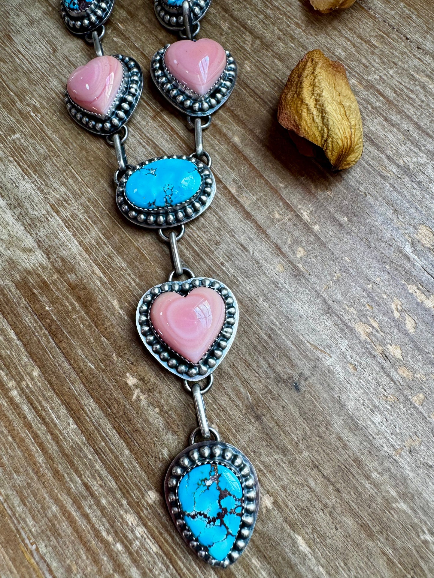 Lariat Necklace – Golden Hill Turquoise & Pink Conch Heart – 34” Adjustable Statement Piece