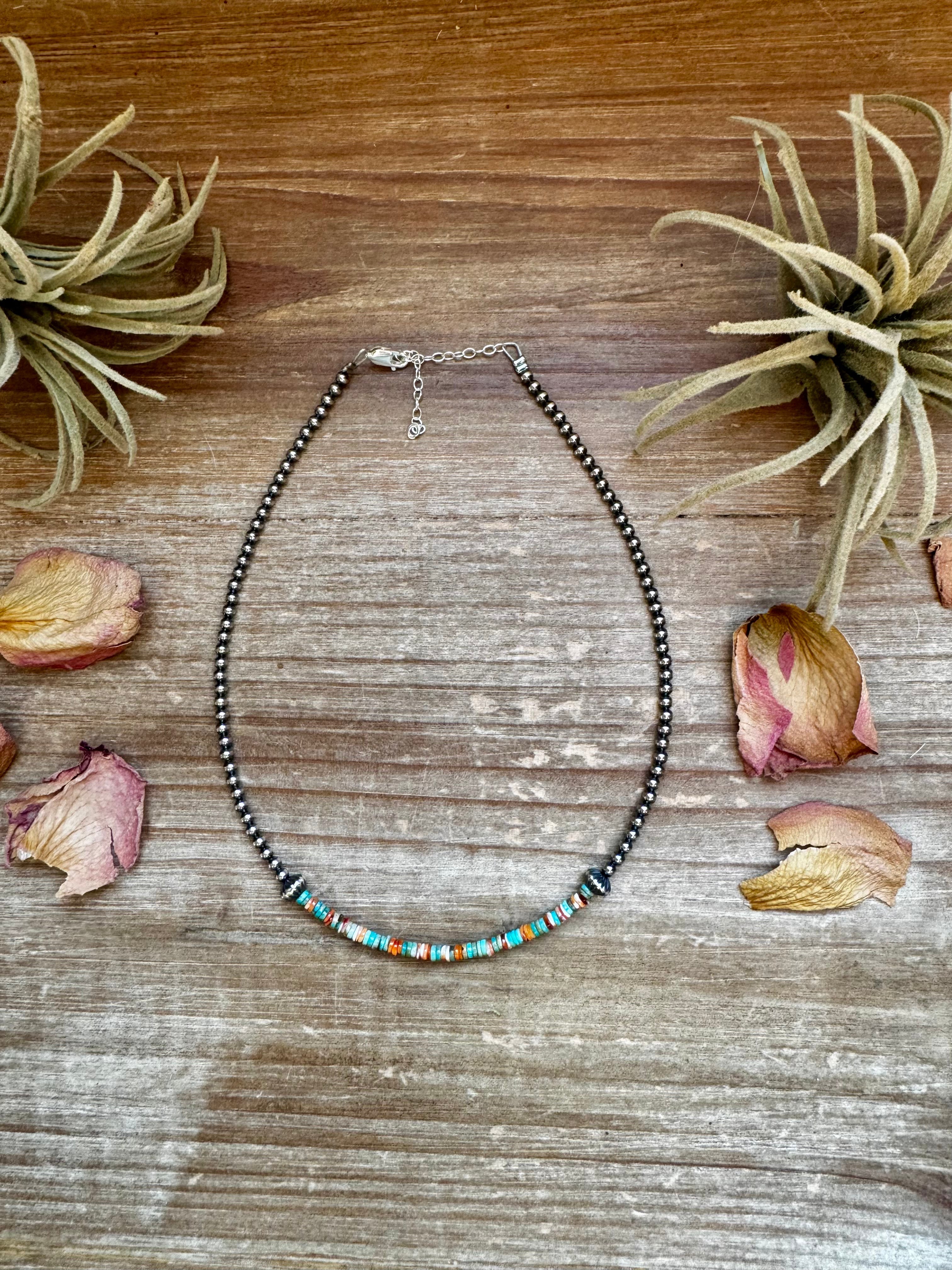 Sterling Silver Pearl Choker with Turquoise & Spiny Oyster Heishi
