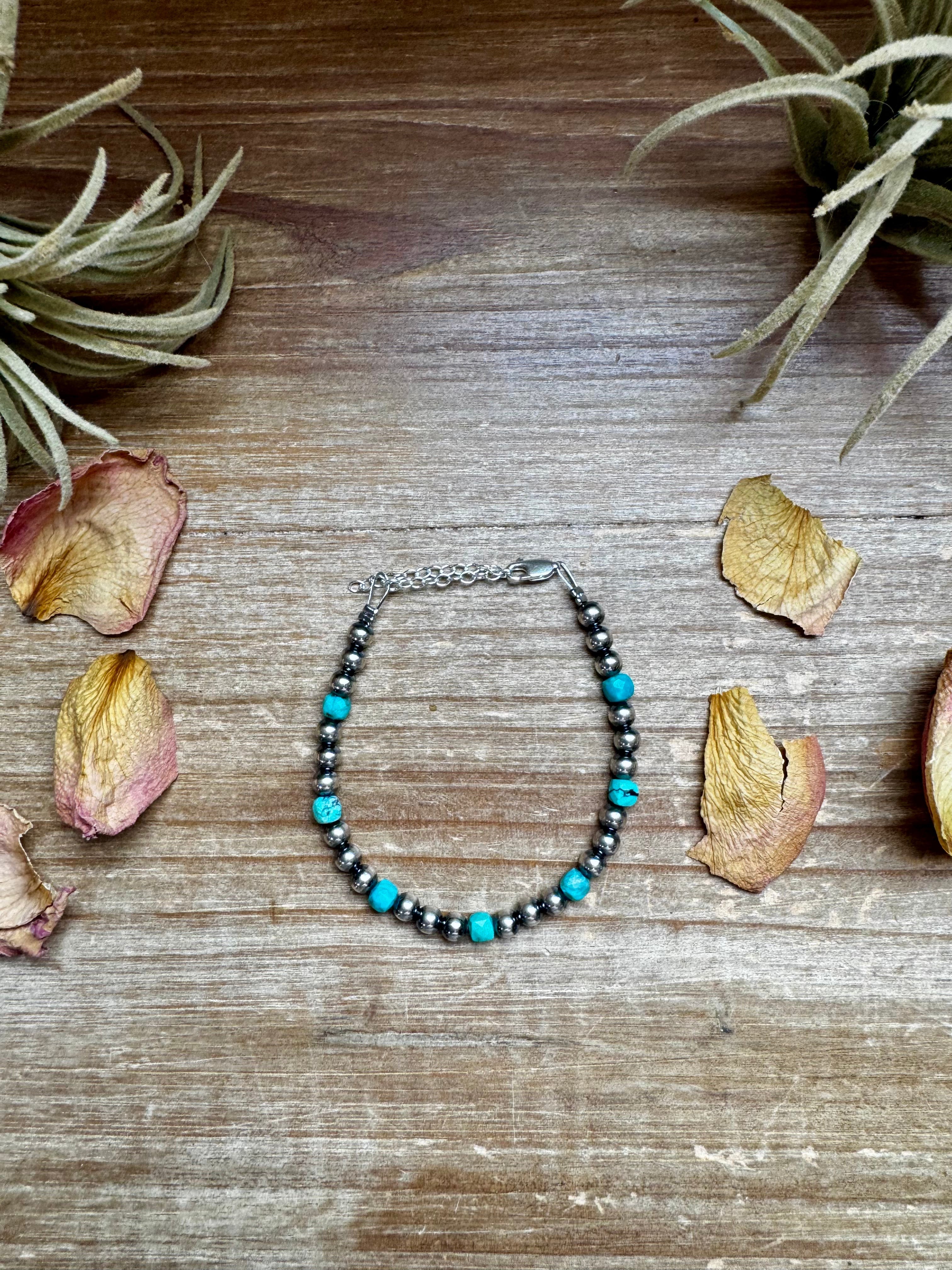 5mm Sterling Silver Pearl & Faceted Turquoise Bracelet