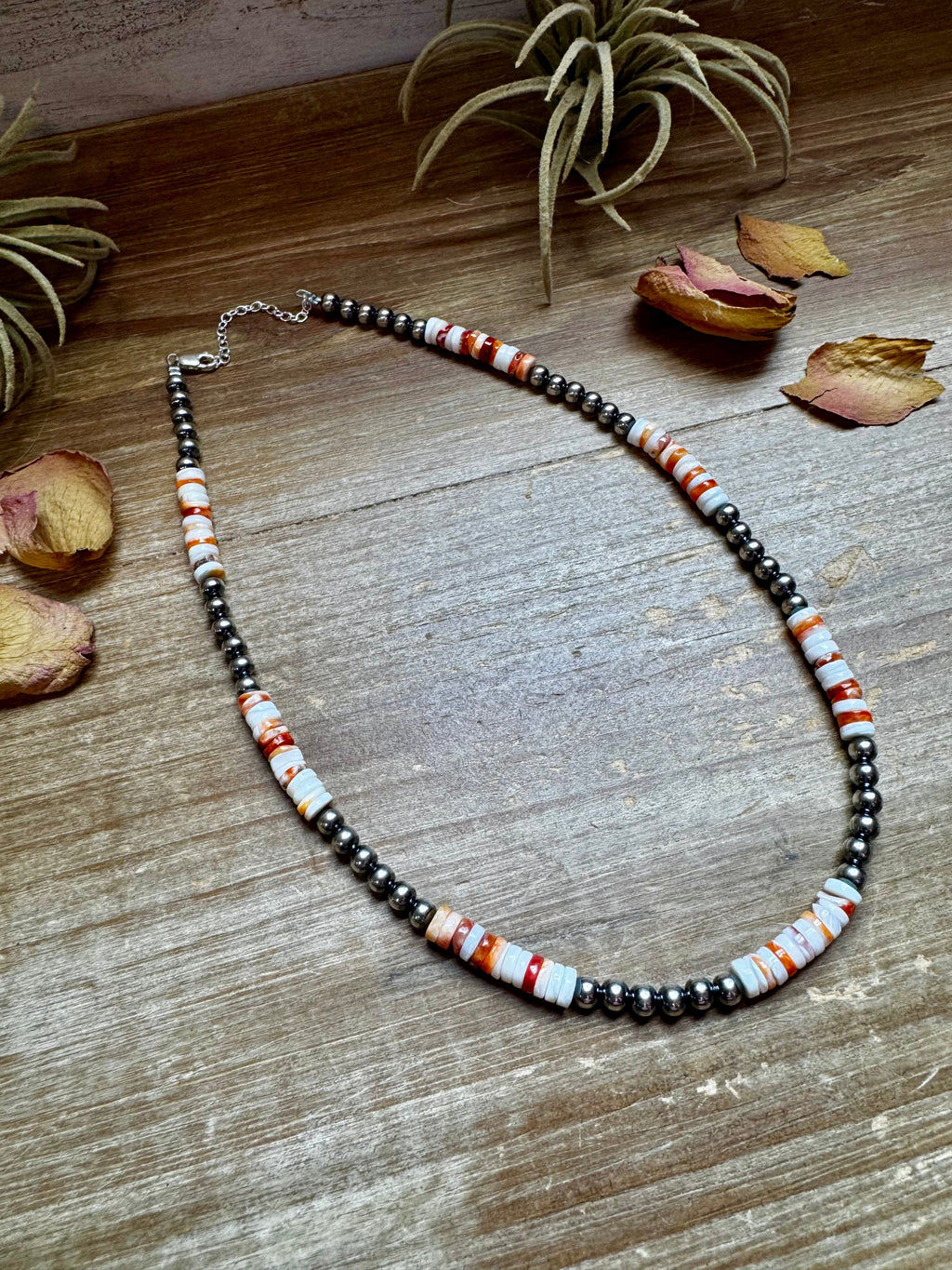 17-Inch Sterling Silver Pearl & Spiny Oyster Necklace