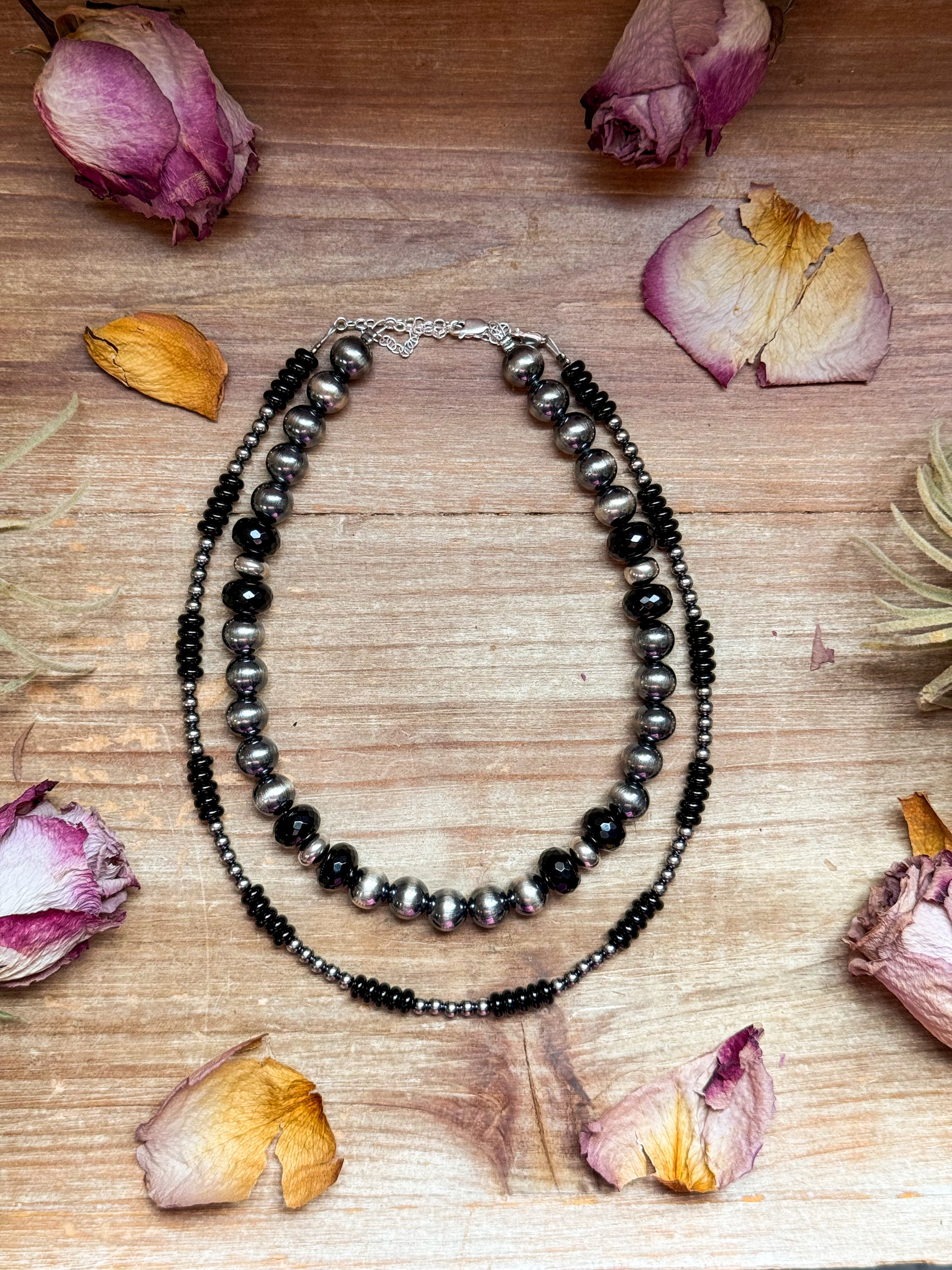 Black Onyx & Sterling Silver Pearl Choker – 14”