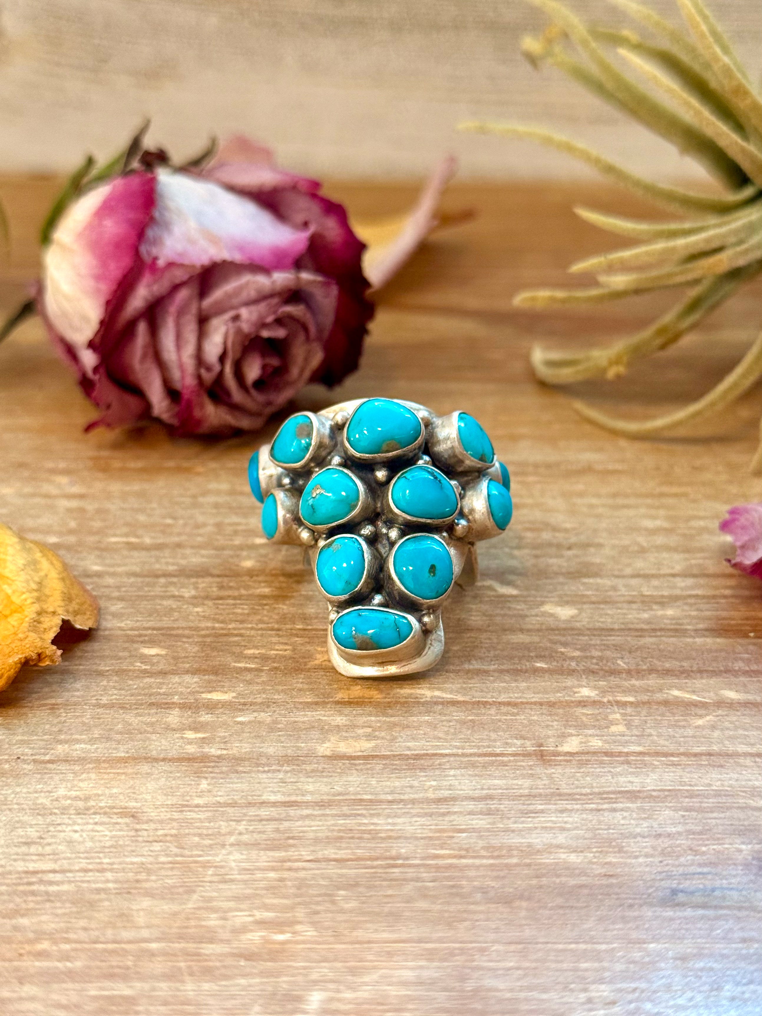 Kingman Turquoise Longhorn Sterling Silver Ring – Adjustable (Fits 8+)