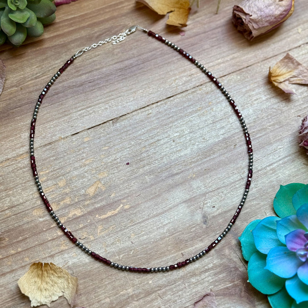 Dark Red Natural Garnet Necklace with Sterling Silver Pearls – 18.5”