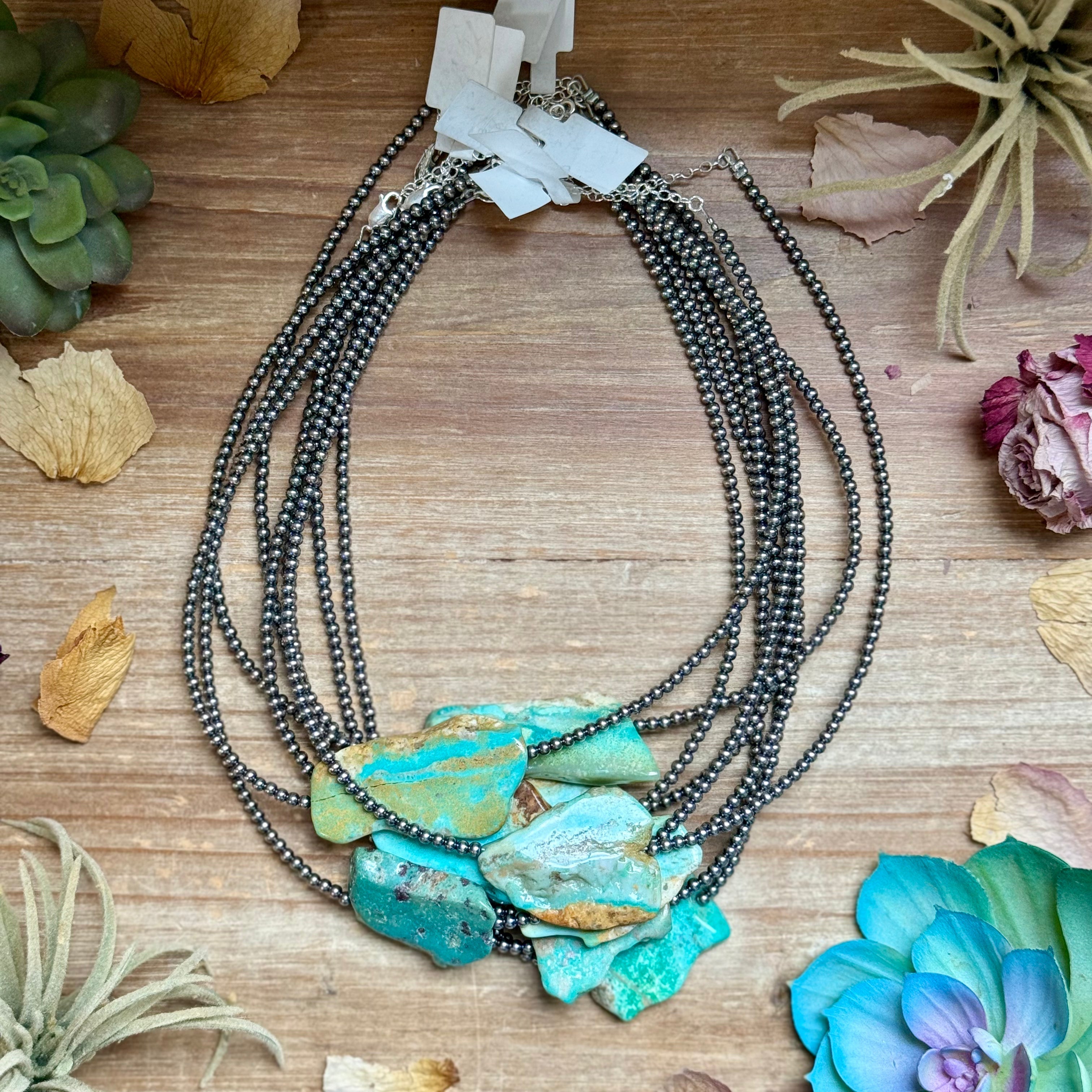 15” Flat Turquoise Necklace – Sterling Silver