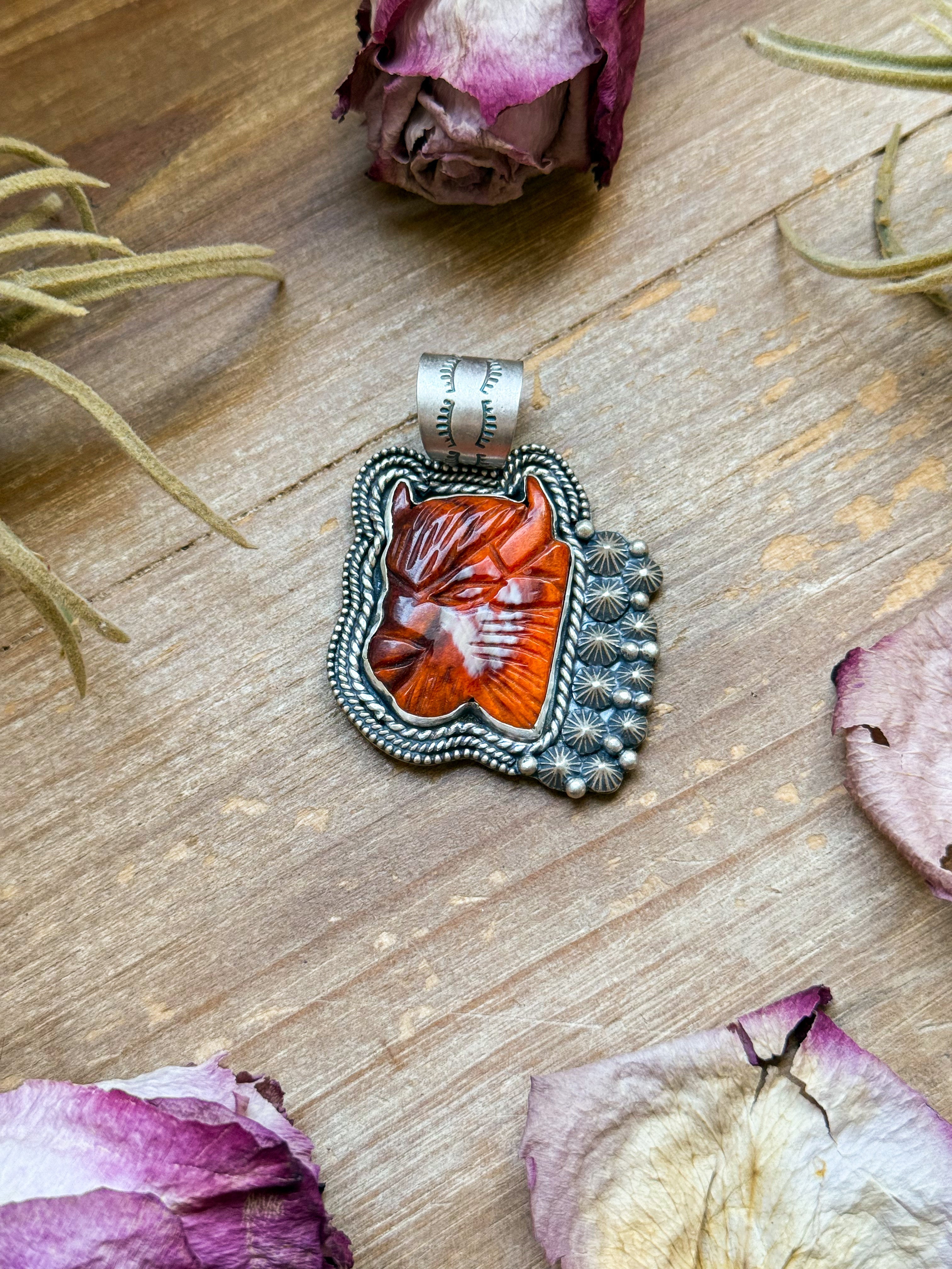 Sterling Silver Autumn Spiny Oyster Buffalo Pendant – Handmade by Artist Shay Pfeiffer