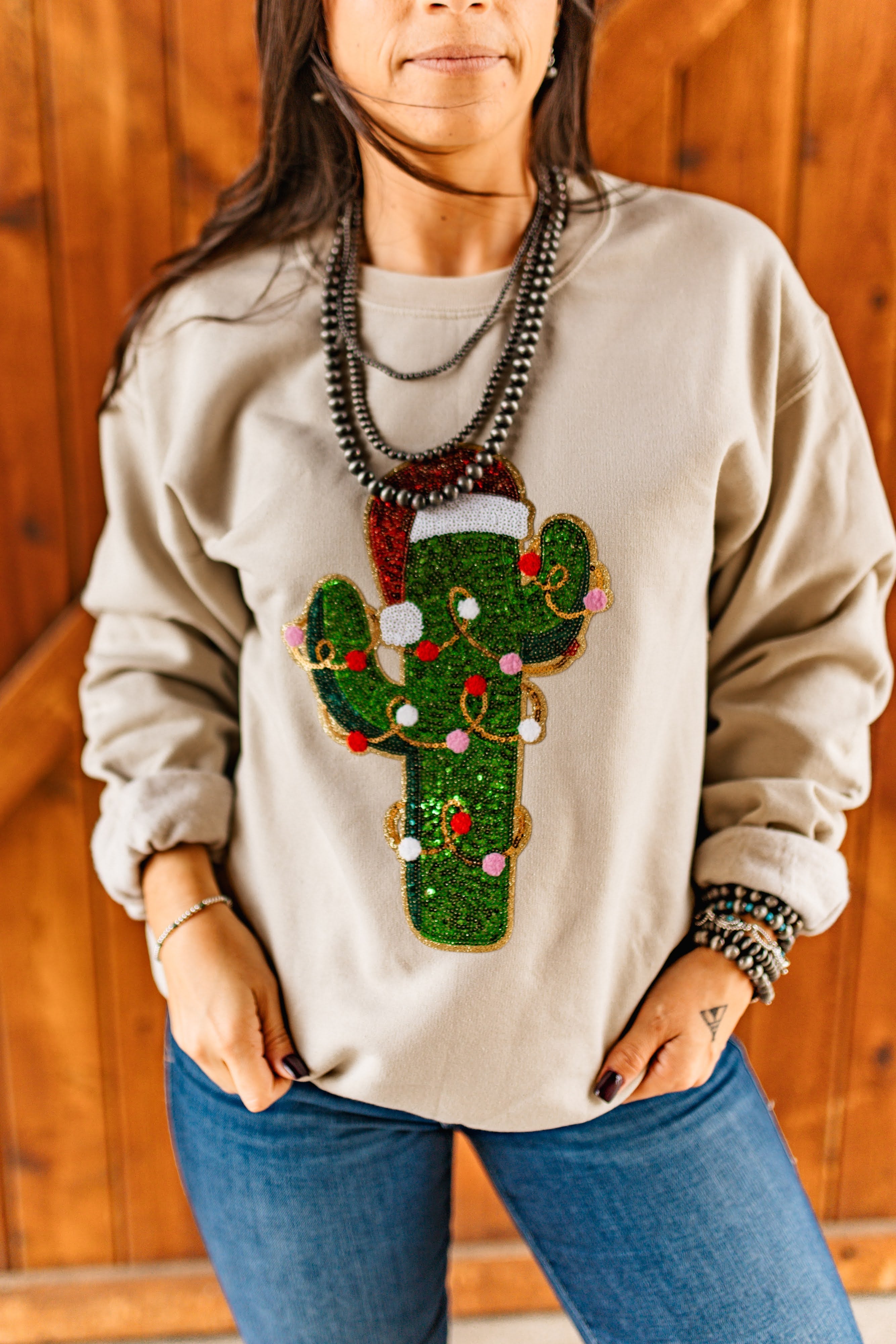 Christmas Cactus Sequins Patch Sweatshirt