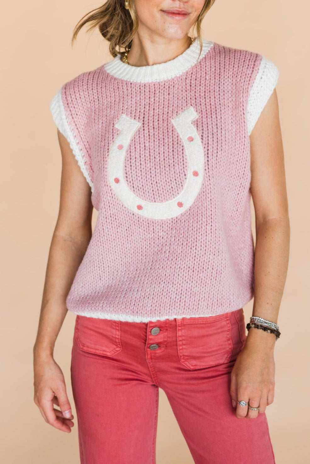 The Woven Horseshoe Sweater Vest in Pink