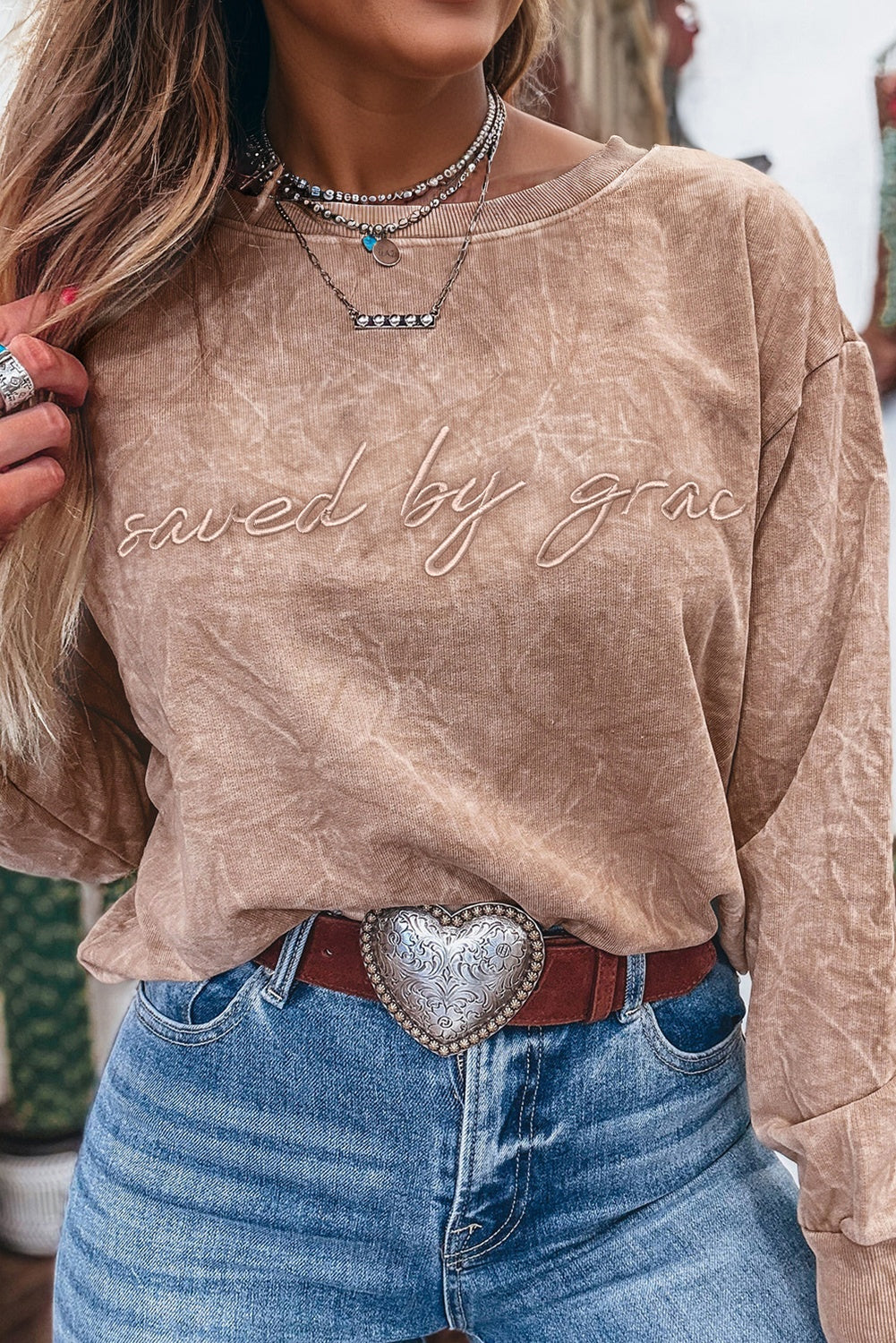 DUNE saved by grace Letter Embroidery Mineral Wash Loose Sweatshirt
