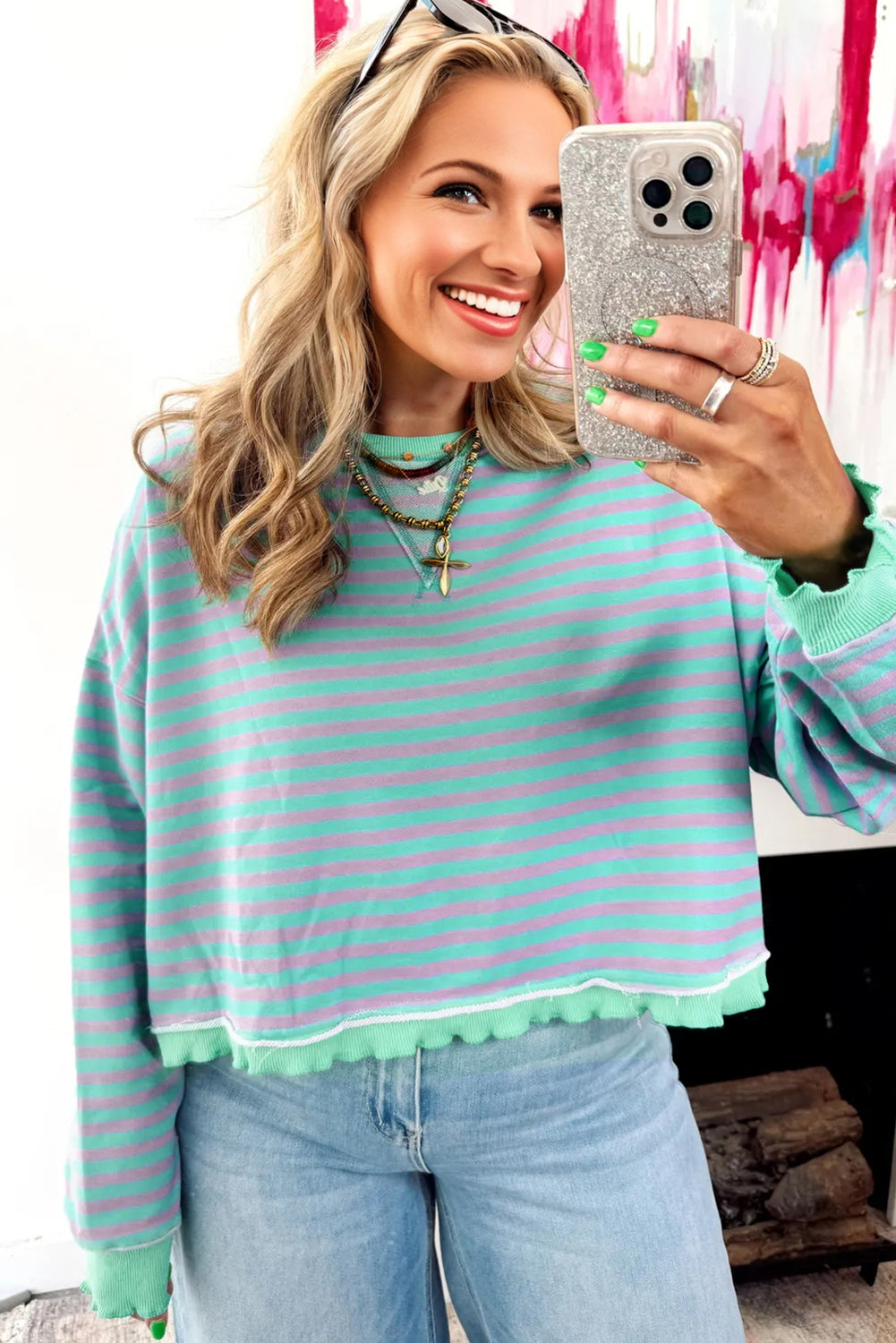 Green Stripe Exposed Seam Contrast Ribbed Trim Oversize Sweatshirt