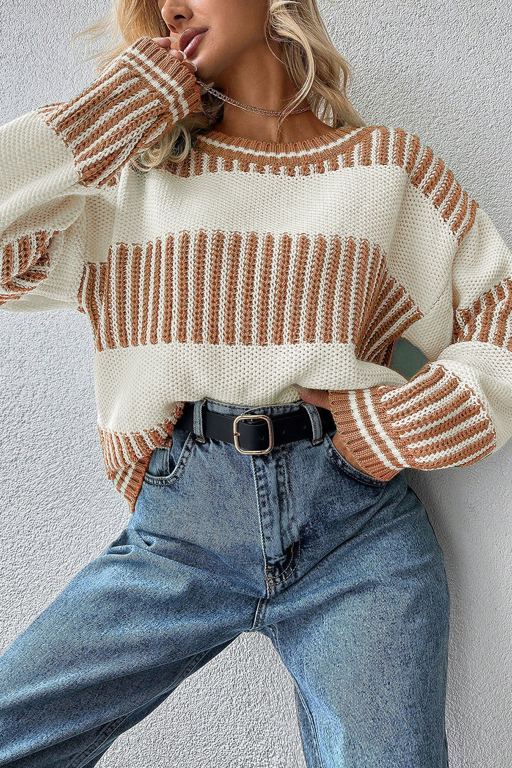 Khaki Two Tone Striped Patchwork Drop Shoulder Loose Sweater