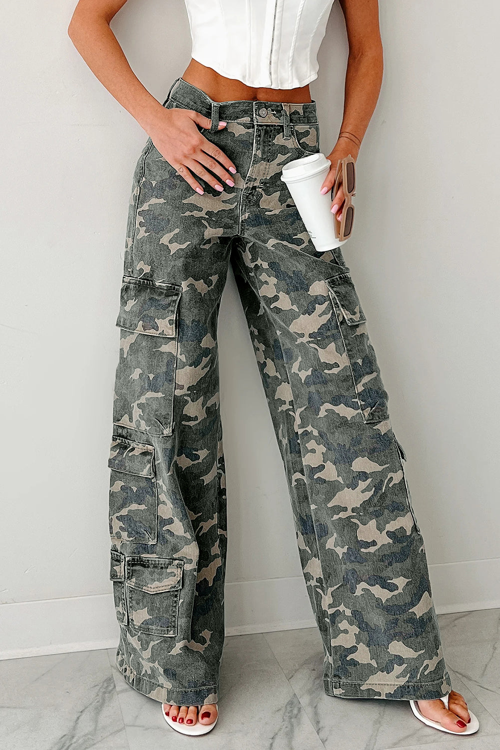 Green Camo Denim Cargo Wide Leg Pants