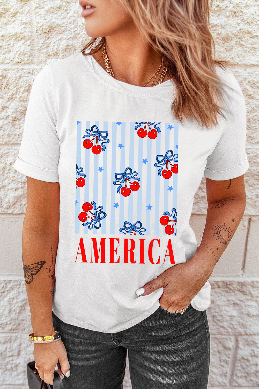 White Bow Cherry AMERICA Graphic Crewneck Patriotic T Shirt