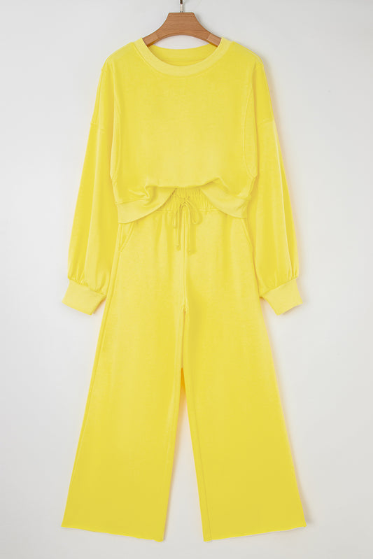 Yellow Cream Drop Shoulder Puff Sleeve Crop Pullover Drawstring Wide Leg Pants Set