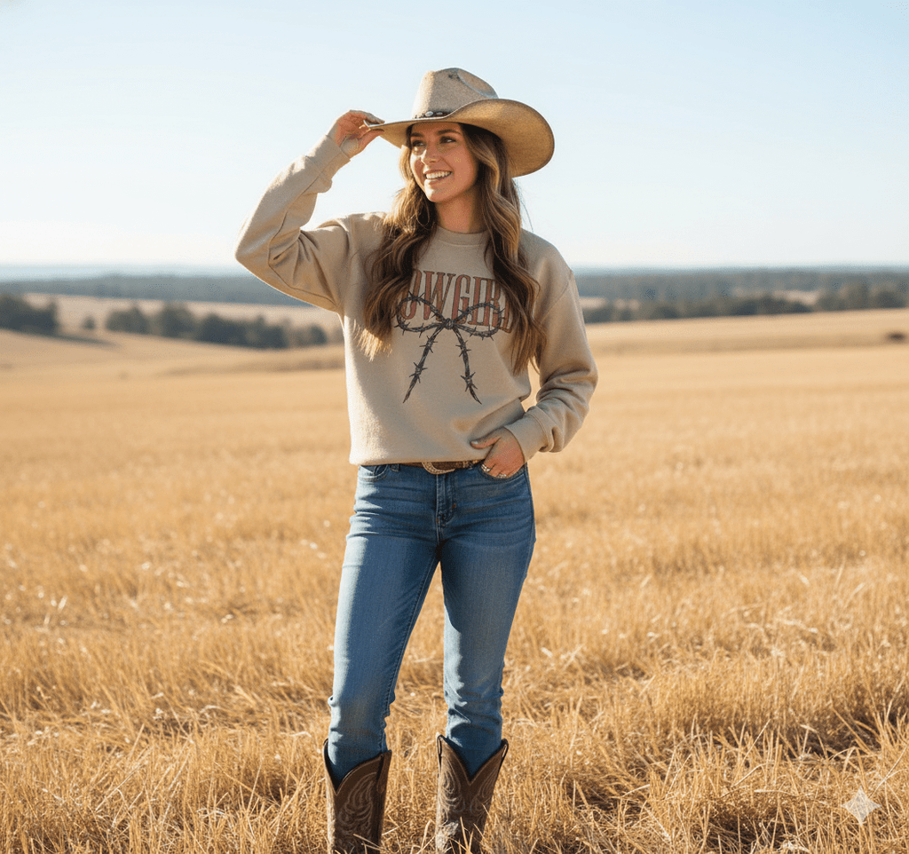 Cowgirl Barbed Wire Bow Graphic Sweatshirt