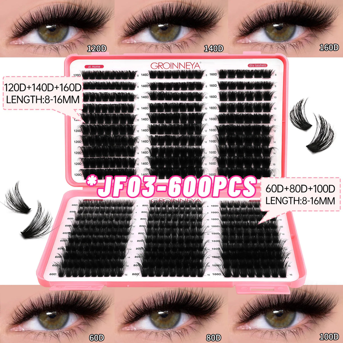 GROINNEYA Lashes Cluster DIY Lash Extension Mixed Tray Clusters Eyelashes Fluffy Volume Individual Lashes Cat Eye Lash Extension