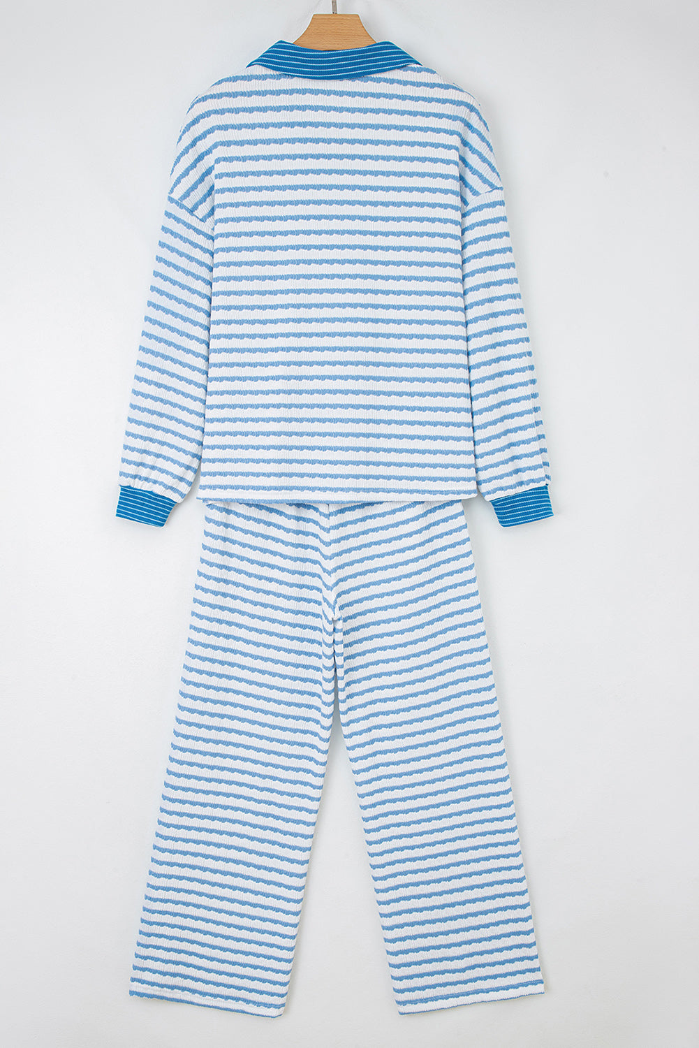 Sky Blue Stripe Collared Pullover Top and Drawstring Pant Set