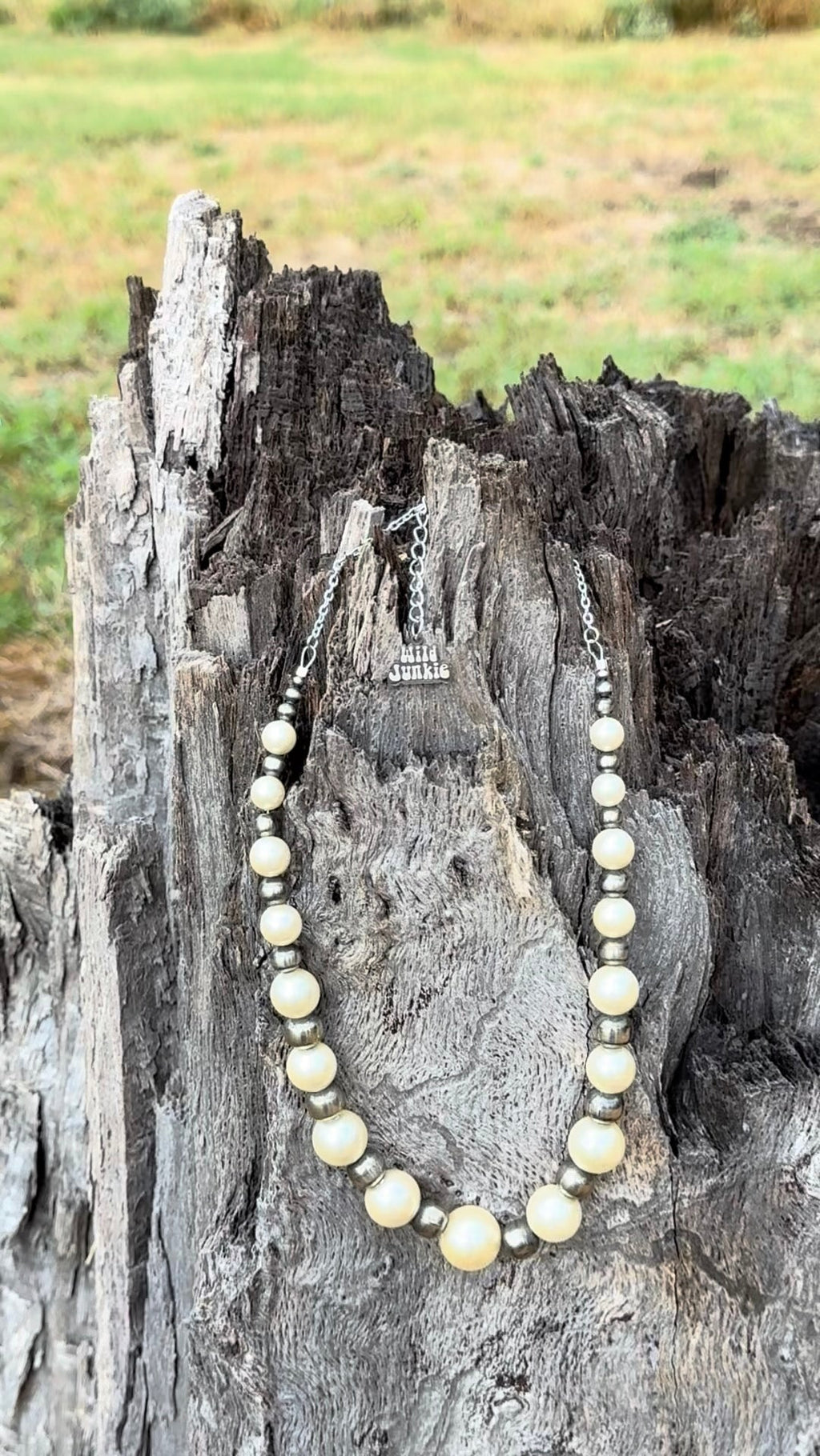 Graduated White Pearl and German Silver Beaded Necklace